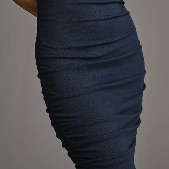 ANTHROPOLOGIE Michael Stars Gia Ribbed Power Shoulder Dress Navy Blue Medium M - Picture 2 of 8